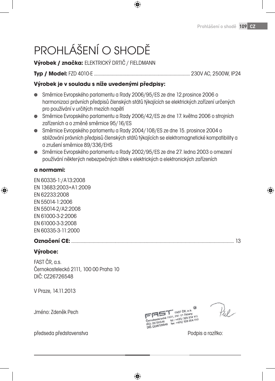 Prohlášení o shodě | Fieldmann FZD 4010-E User Manual | Page 109 / 116