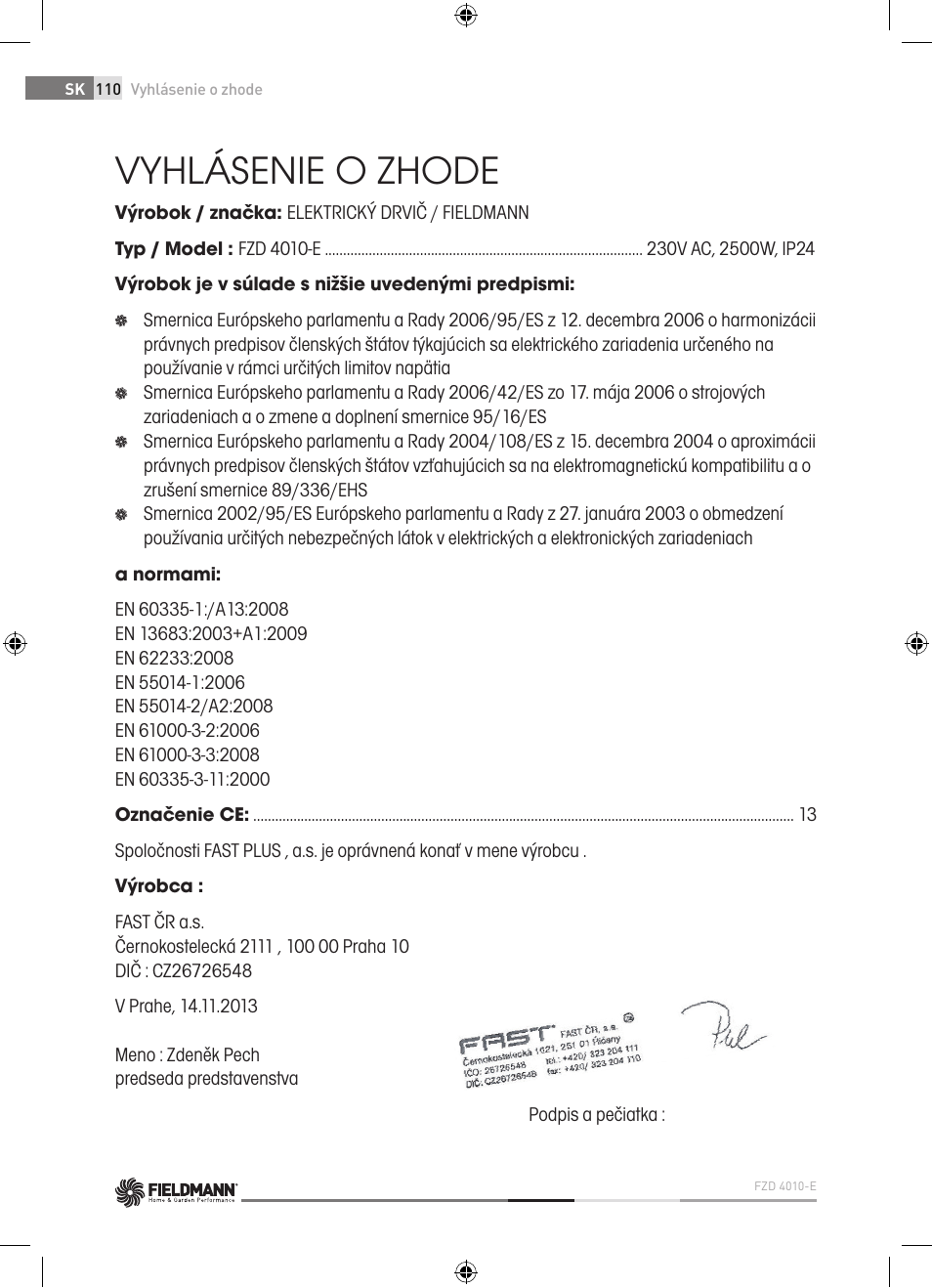 Vyhlásenie o zhode | Fieldmann FZD 4010-E User Manual | Page 110 / 116