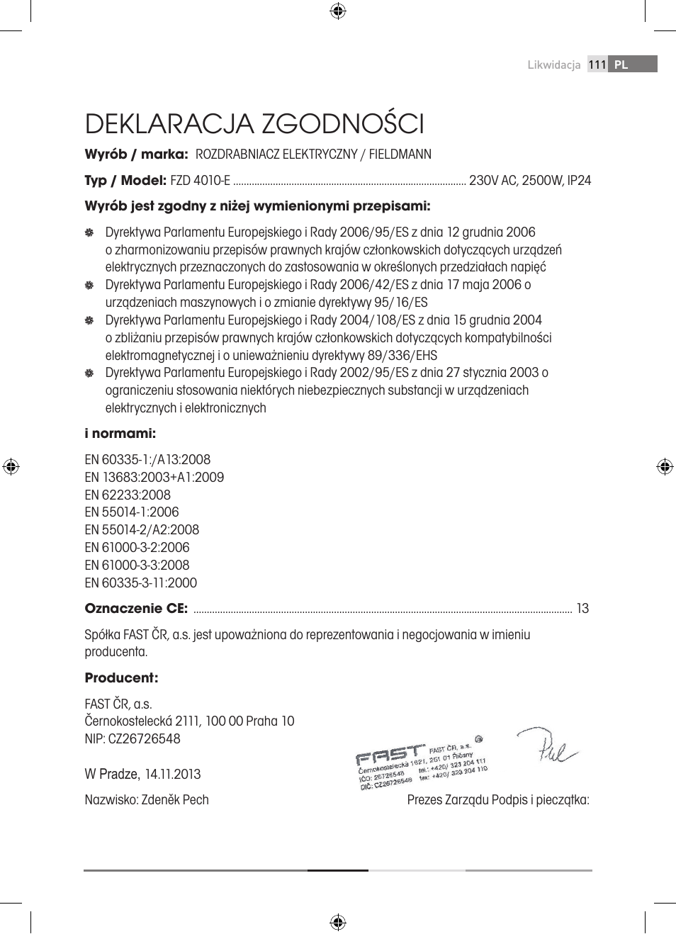 Deklaracja zgodności | Fieldmann FZD 4010-E User Manual | Page 111 / 116