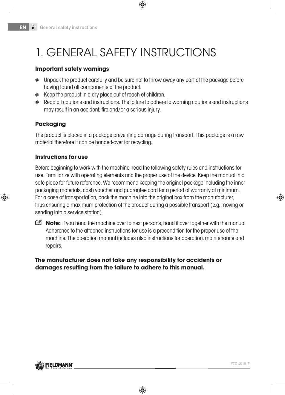 General safety instructions | Fieldmann FZD 4010-E User Manual | Page 6 / 116
