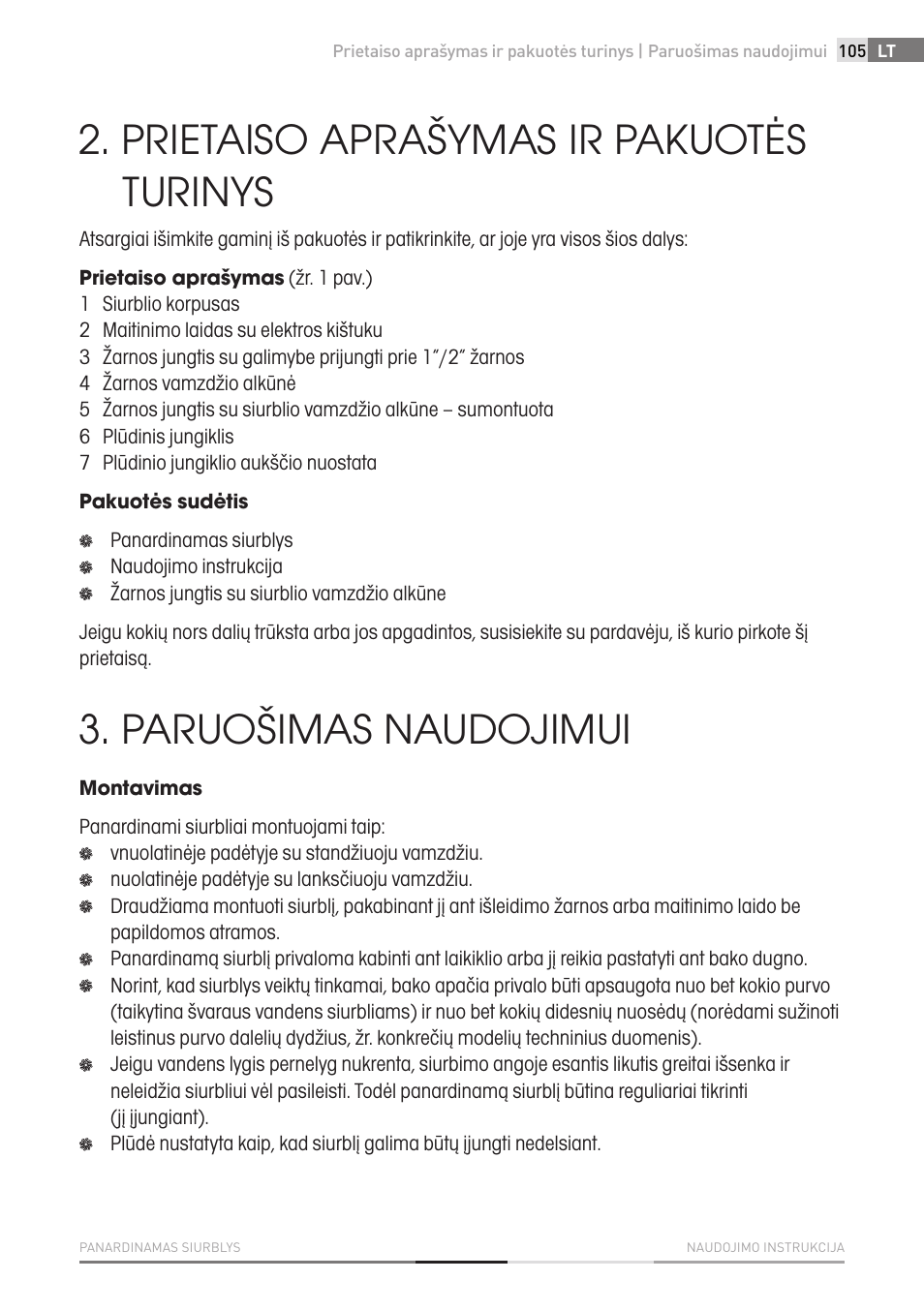 Prietaiso aprašymas ir pakuotės turinys, Paruošimas naudojimui | Fieldmann FVC 4001 EK User Manual | Page 105 / 126