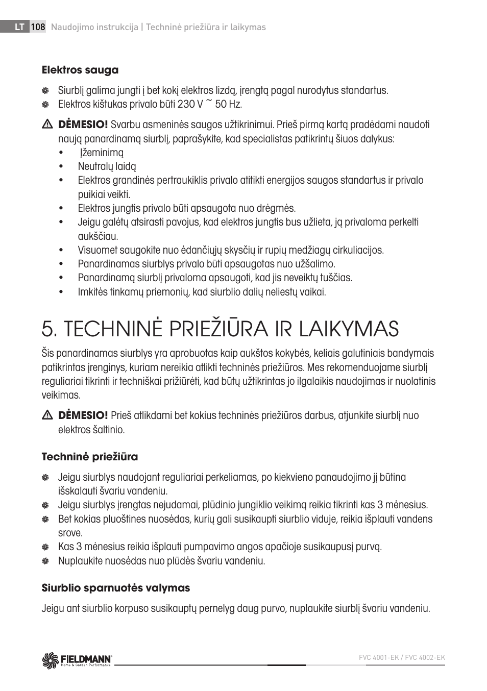 Techninė priežiūra ir laikymas | Fieldmann FVC 4001 EK User Manual | Page 108 / 126