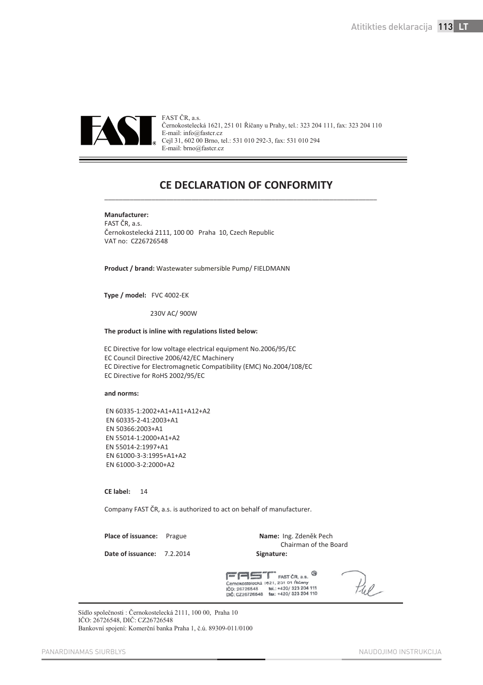 Ce declaration of conformity, Lt atitikties deklaracija | Fieldmann FVC 4001 EK User Manual | Page 113 / 126