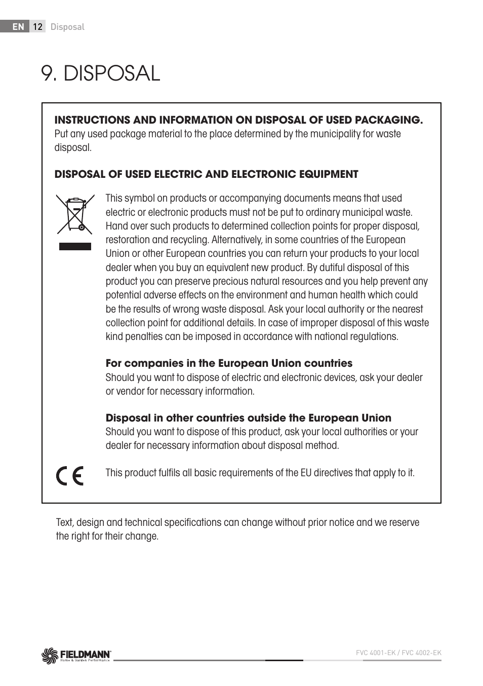 Disposal | Fieldmann FVC 4001 EK User Manual | Page 12 / 126
