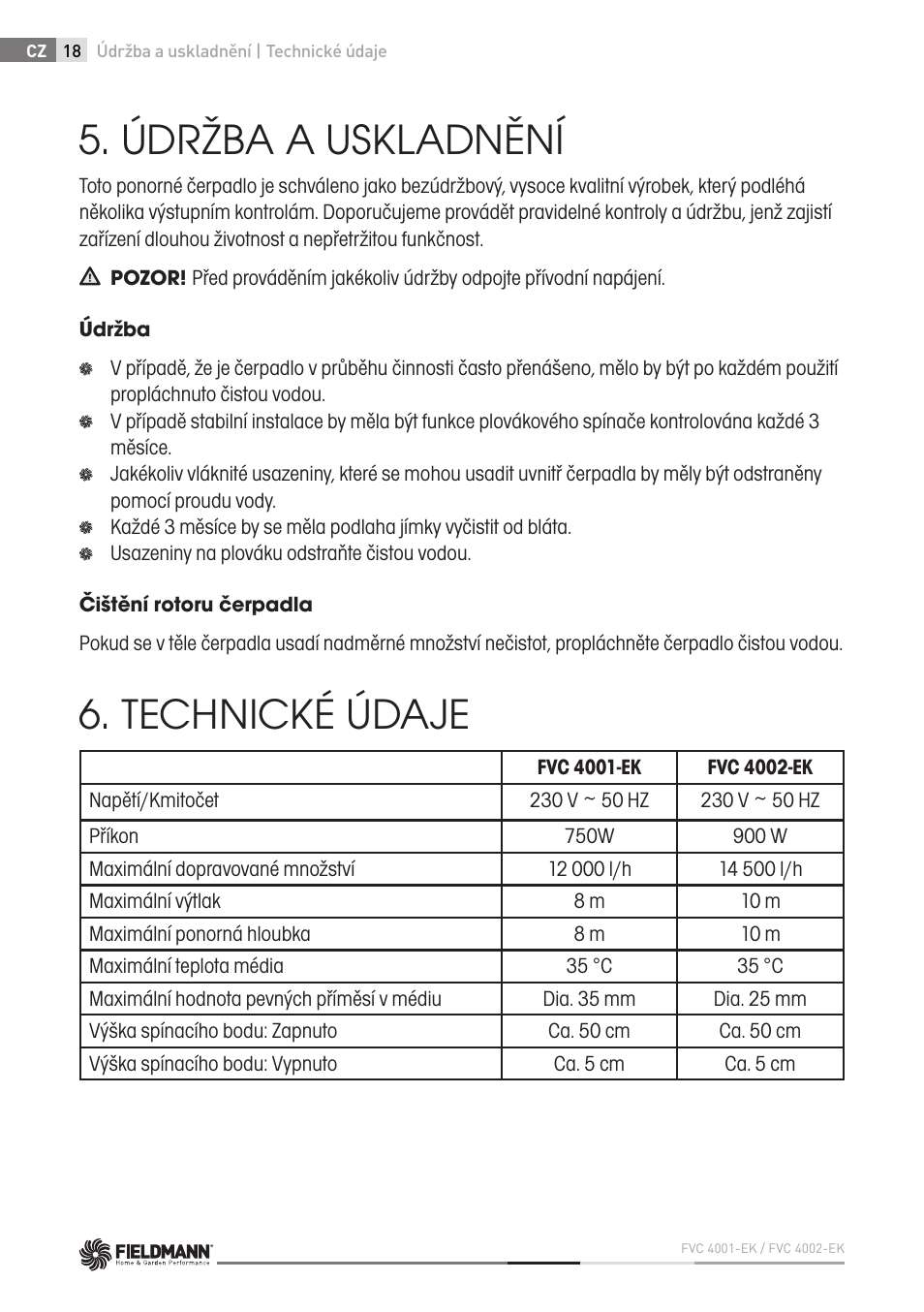 Údržba a uskladnění, Technické údaje | Fieldmann FVC 4001 EK User Manual | Page 18 / 126