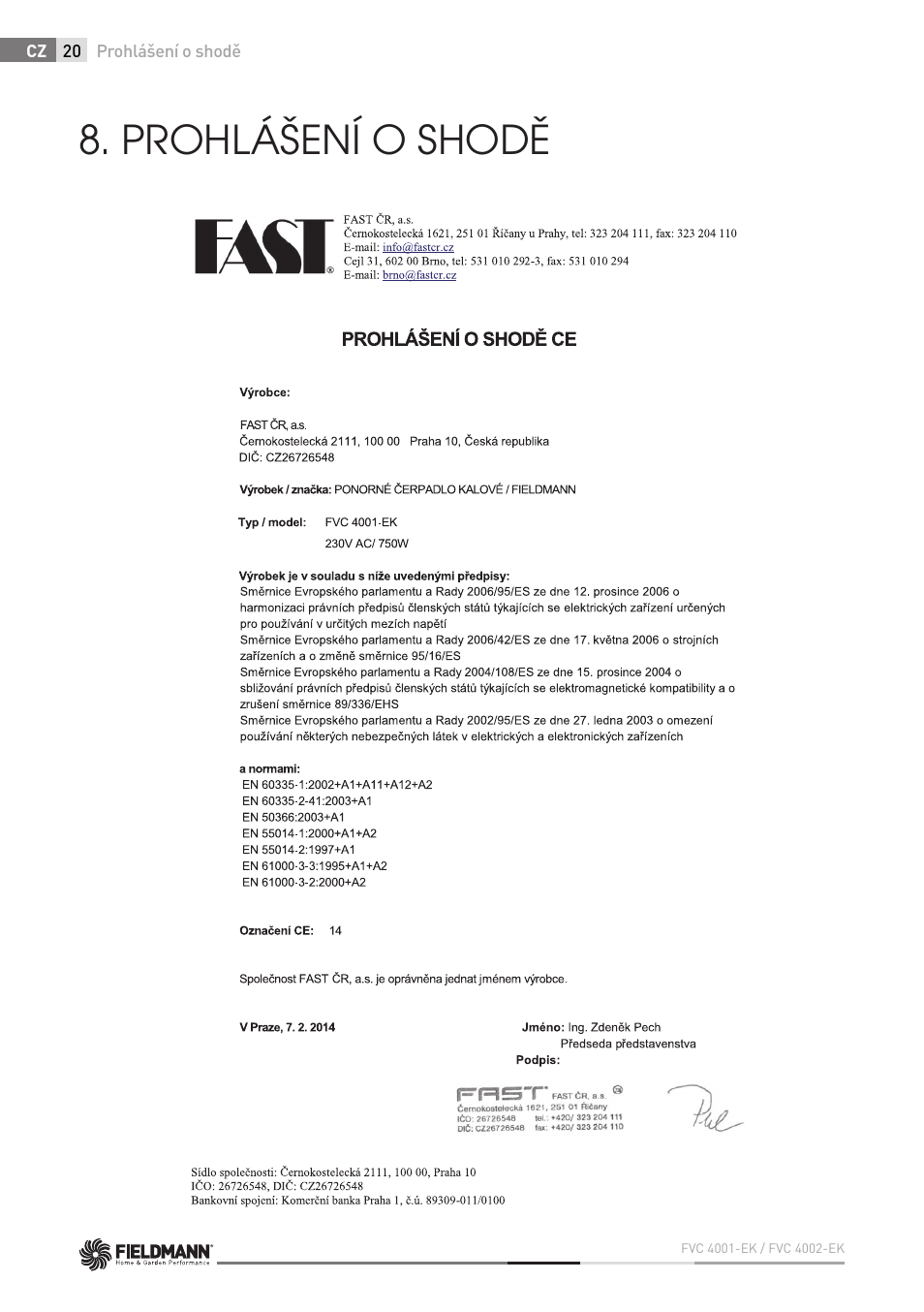 Prohlášení o shodě | Fieldmann FVC 4001 EK User Manual | Page 20 / 126