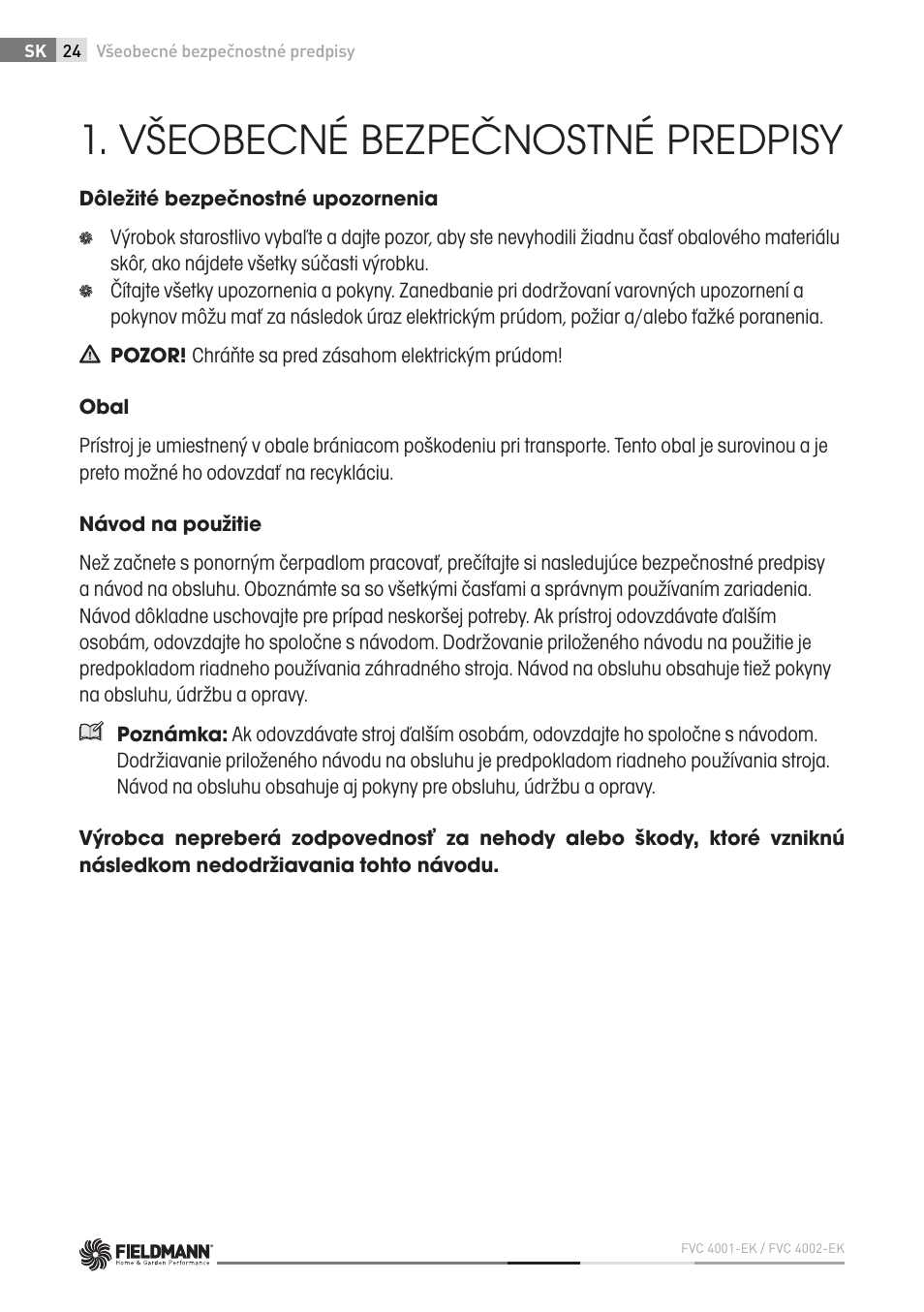 Všeobecné bezpečnostné predpisy | Fieldmann FVC 4001 EK User Manual | Page 24 / 126