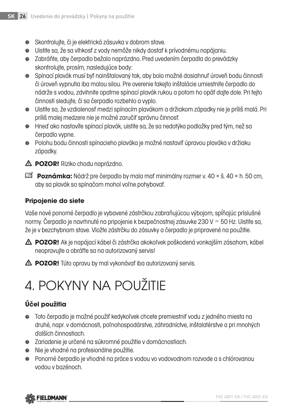 Pokyny na použitie | Fieldmann FVC 4001 EK User Manual | Page 26 / 126