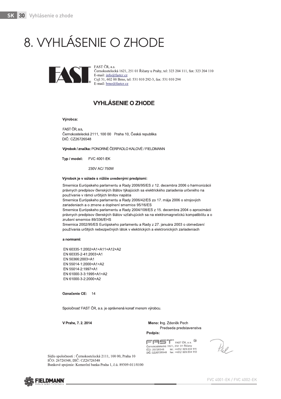 Vyhlásenie o zhode | Fieldmann FVC 4001 EK User Manual | Page 30 / 126