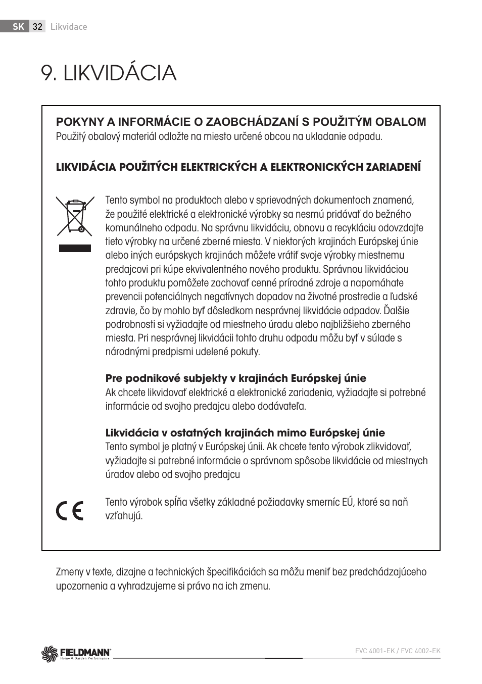 Likvidácia | Fieldmann FVC 4001 EK User Manual | Page 32 / 126