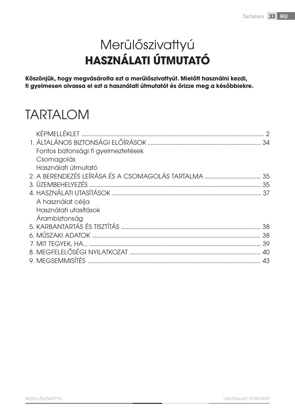 Merülőszivattyú, Tartalom, Használati útmutató | Fieldmann FVC 4001 EK User Manual | Page 33 / 126