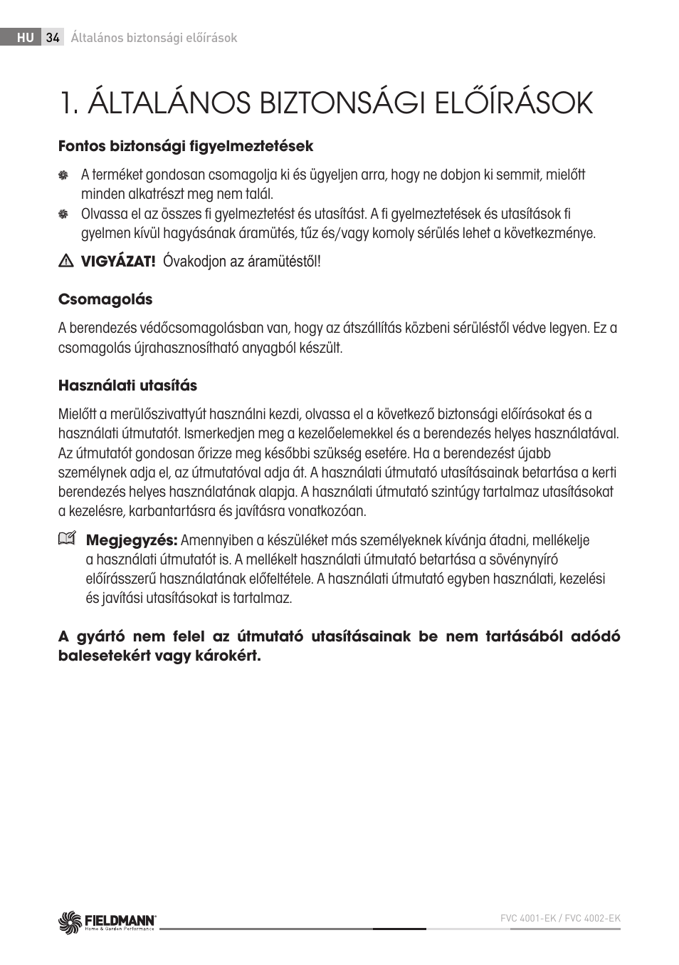 Általános biztonsági előírások | Fieldmann FVC 4001 EK User Manual | Page 34 / 126