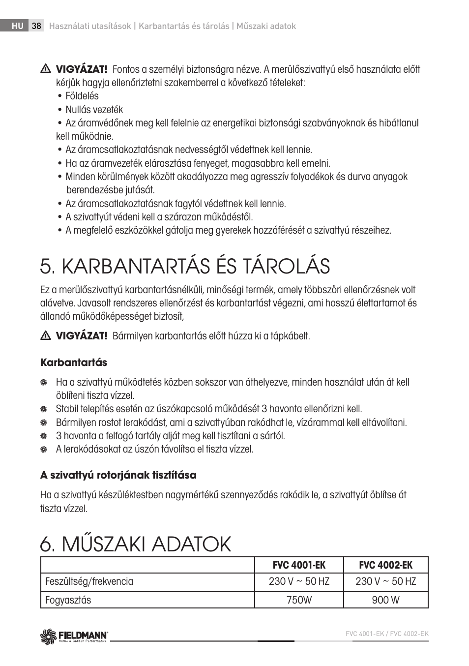 Karbantartás és tárolás, Műszaki adatok | Fieldmann FVC 4001 EK User Manual | Page 38 / 126