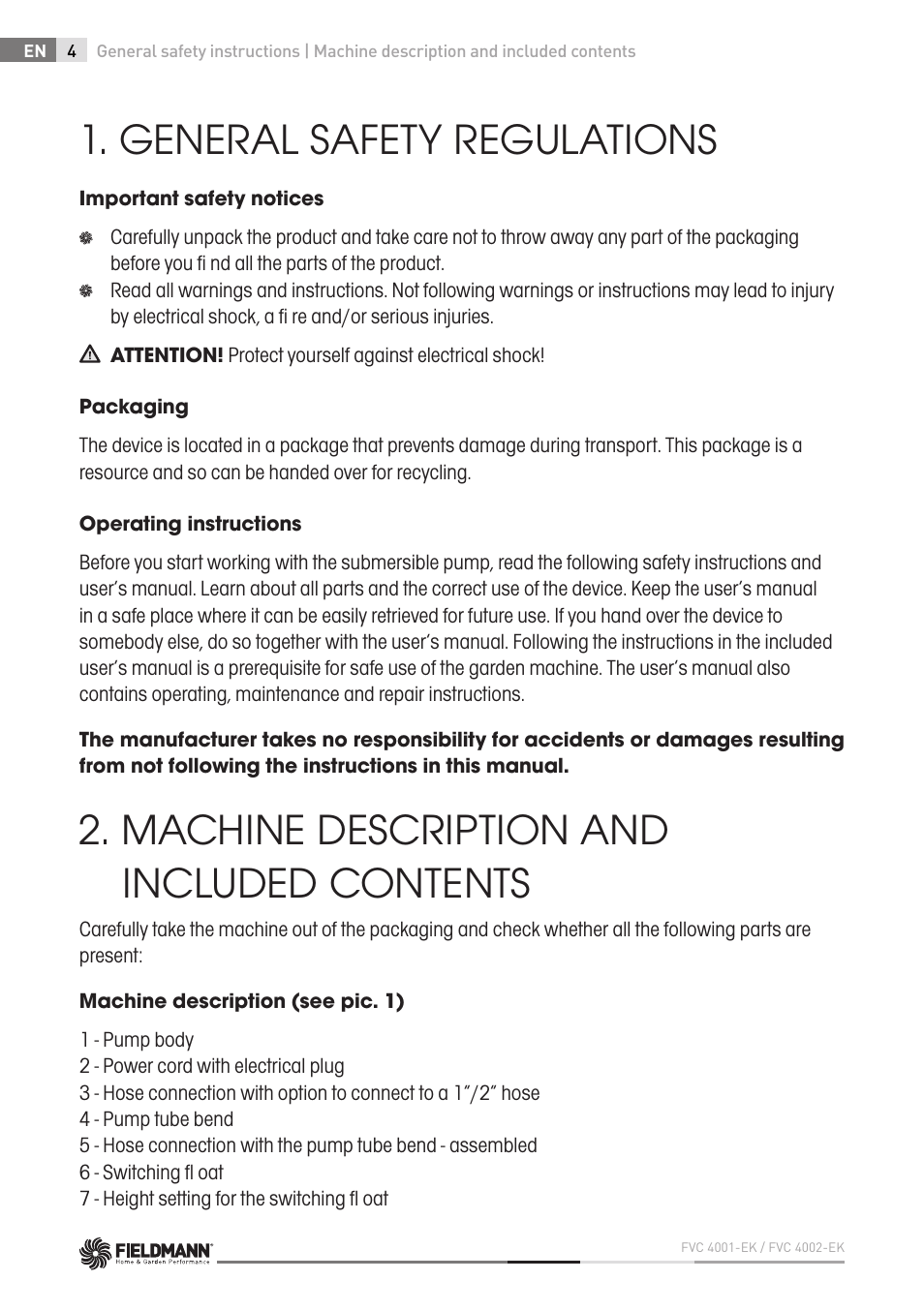 General safety regulations, Machine description and included contents | Fieldmann FVC 4001 EK User Manual | Page 4 / 126