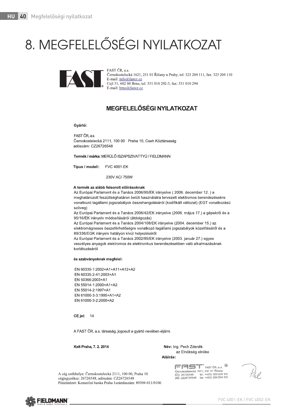 Megfelelőségi nyilatkozat | Fieldmann FVC 4001 EK User Manual | Page 40 / 126