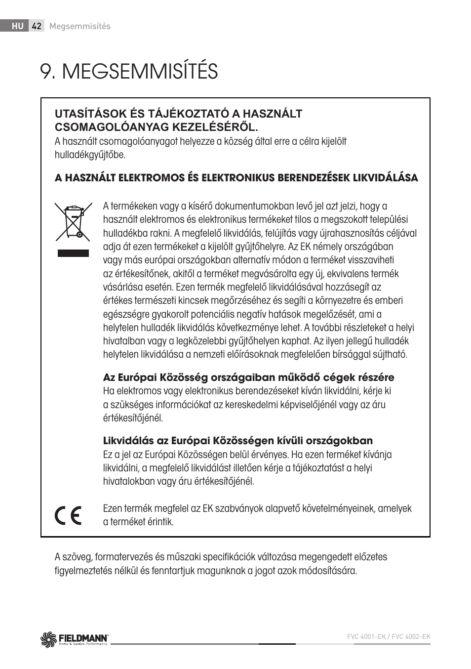 Megsemmisítés | Fieldmann FVC 4001 EK User Manual | Page 42 / 126