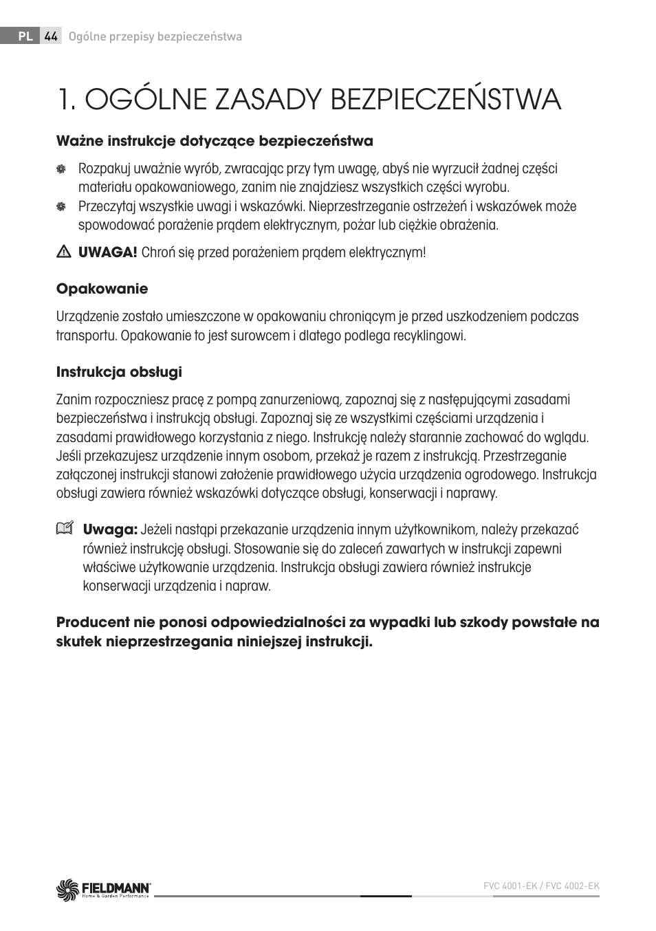 Ogólne zasady bezpieczeństwa | Fieldmann FVC 4001 EK User Manual | Page 44 / 126