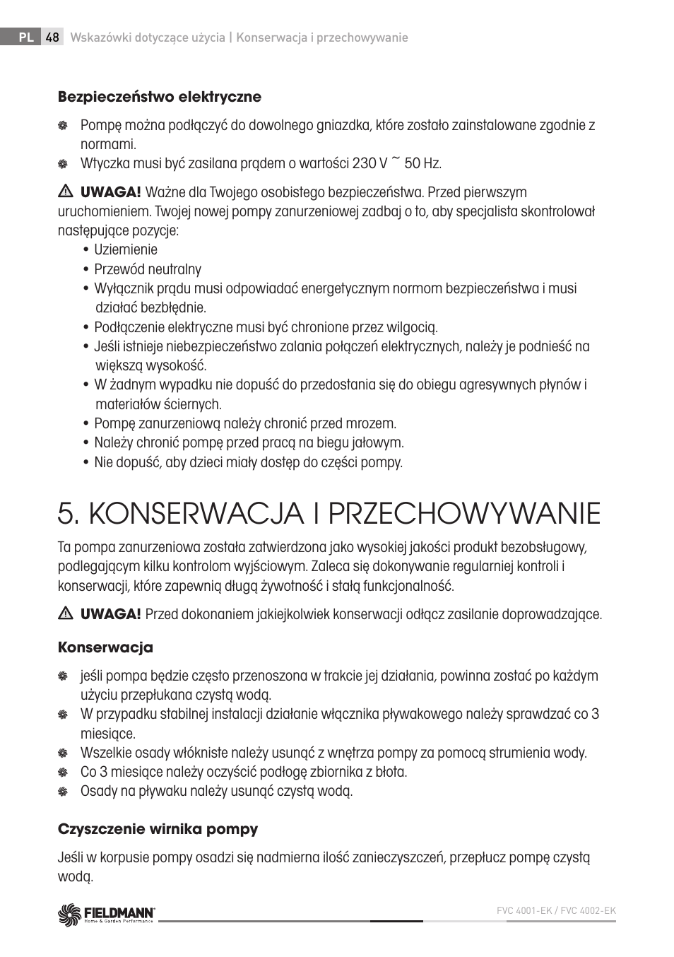 Konserwacja i przechowywanie | Fieldmann FVC 4001 EK User Manual | Page 48 / 126
