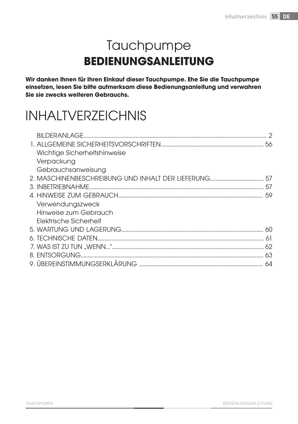Tauchpumpe, Inhaltverzeichnis, Bedienungsanleitung | Fieldmann FVC 4001 EK User Manual | Page 55 / 126