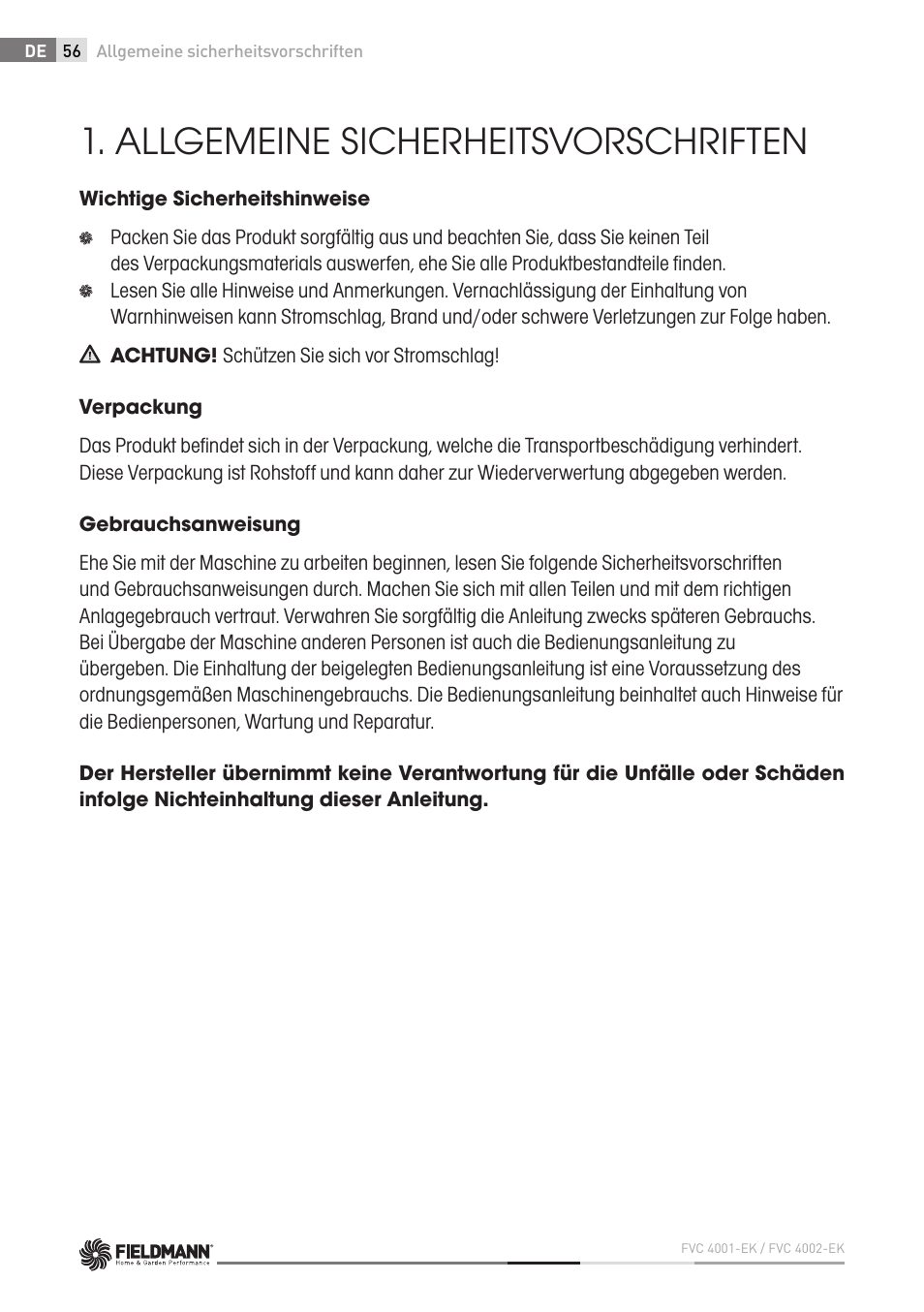 Allgemeine sicherheitsvorschriften | Fieldmann FVC 4001 EK User Manual | Page 56 / 126