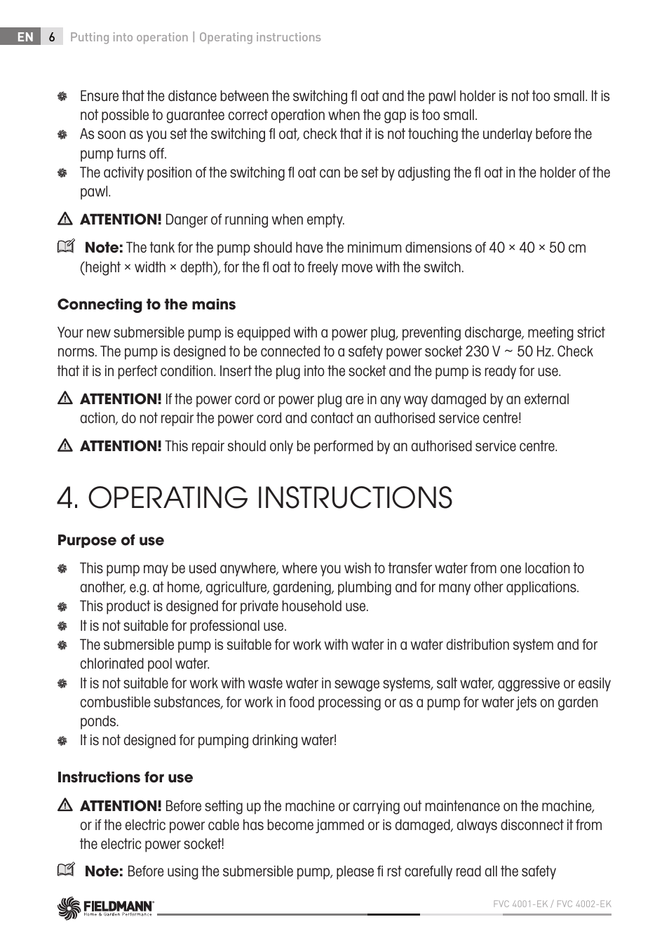 Operating instructions | Fieldmann FVC 4001 EK User Manual | Page 6 / 126