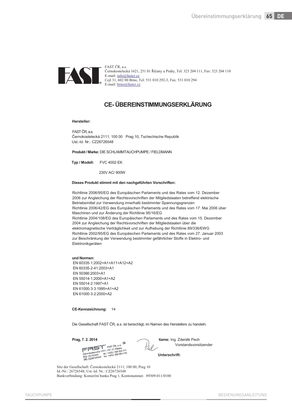 Ce- übereinstimmungserklärung, De übereinstimmungserklärung | Fieldmann FVC 4001 EK User Manual | Page 65 / 126