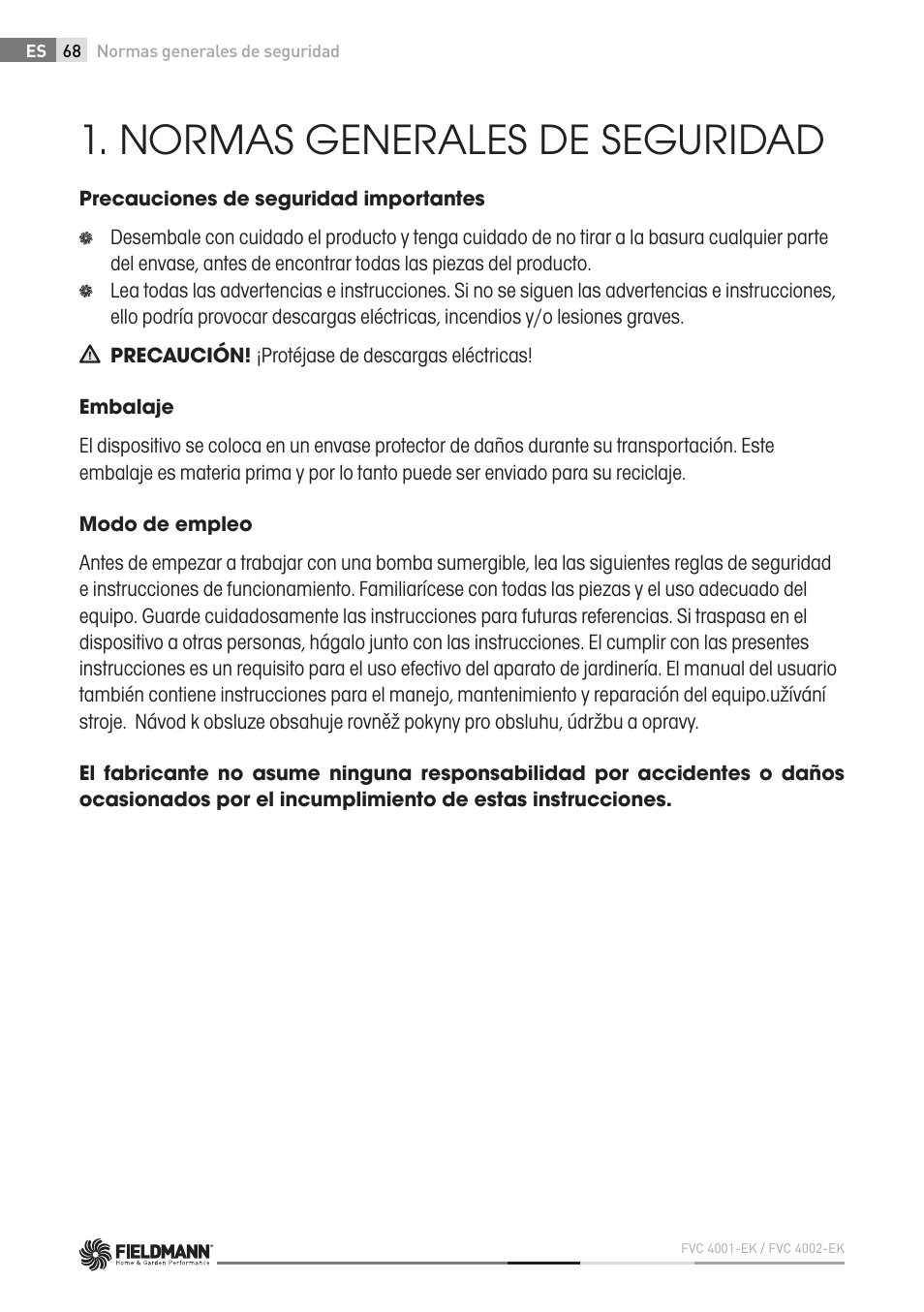 Normas generales de seguridad | Fieldmann FVC 4001 EK User Manual | Page 68 / 126