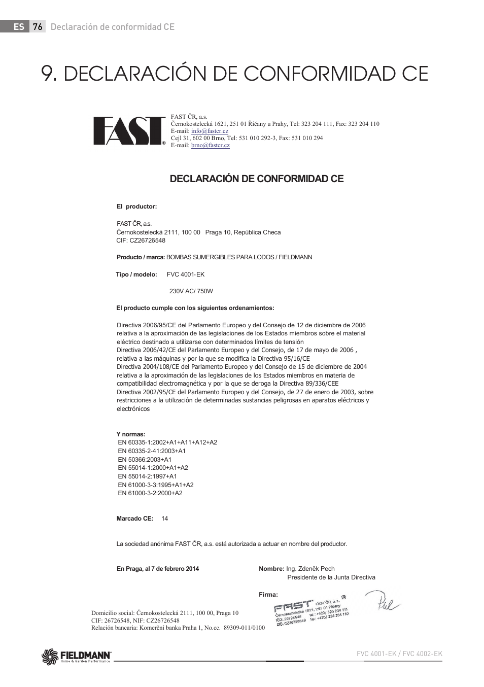 Declaración de conformidad ce, 76 es declaración de conformidad ce | Fieldmann FVC 4001 EK User Manual | Page 76 / 126