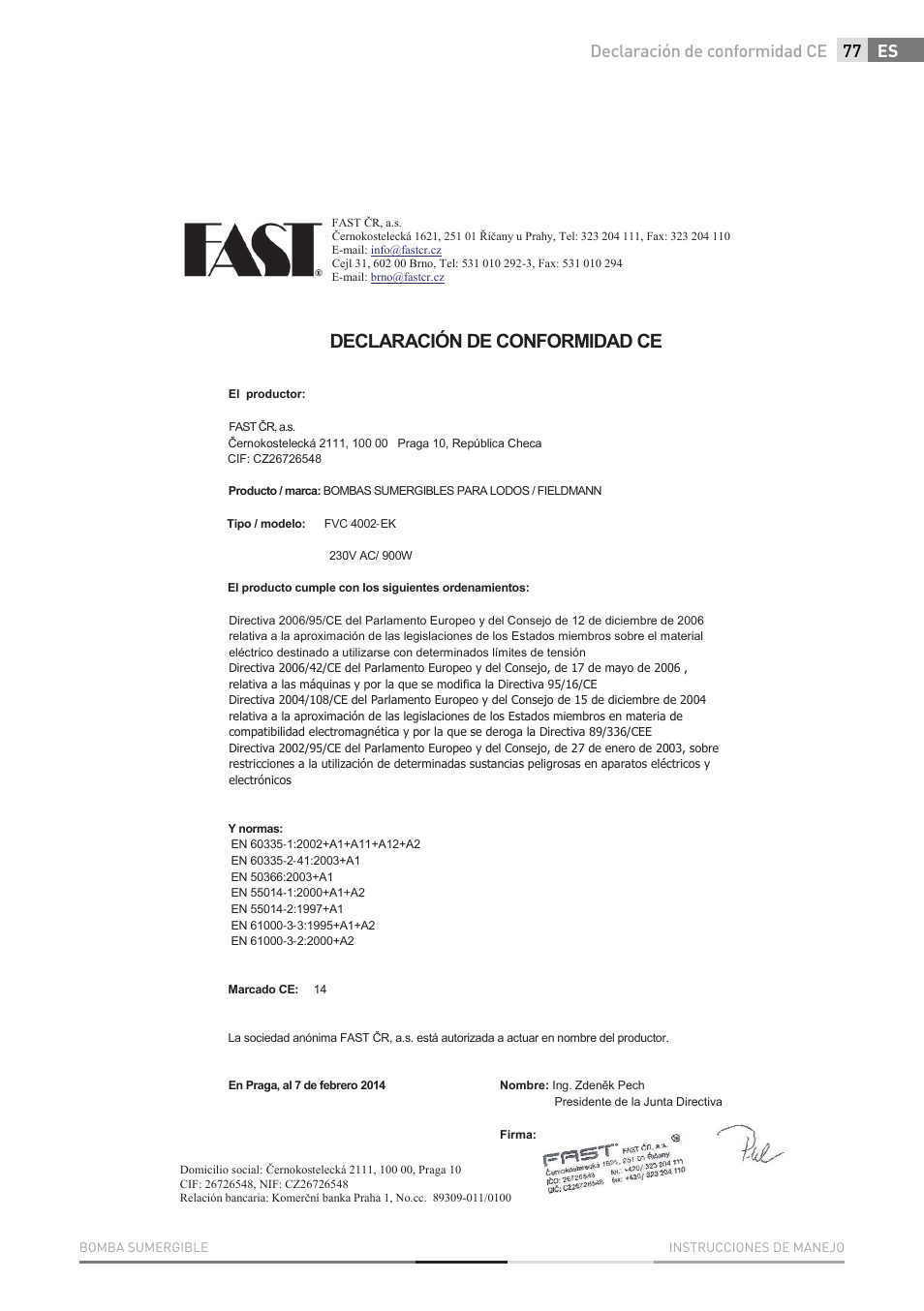Declaración de conformidad ce, Es declaración de conformidad ce | Fieldmann FVC 4001 EK User Manual | Page 77 / 126