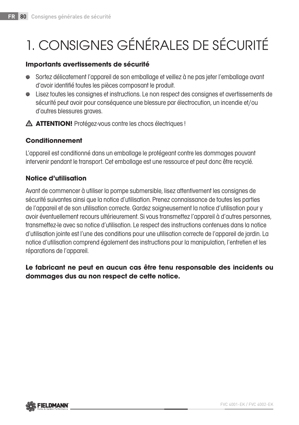 Consignes générales de sécurité | Fieldmann FVC 4001 EK User Manual | Page 80 / 126