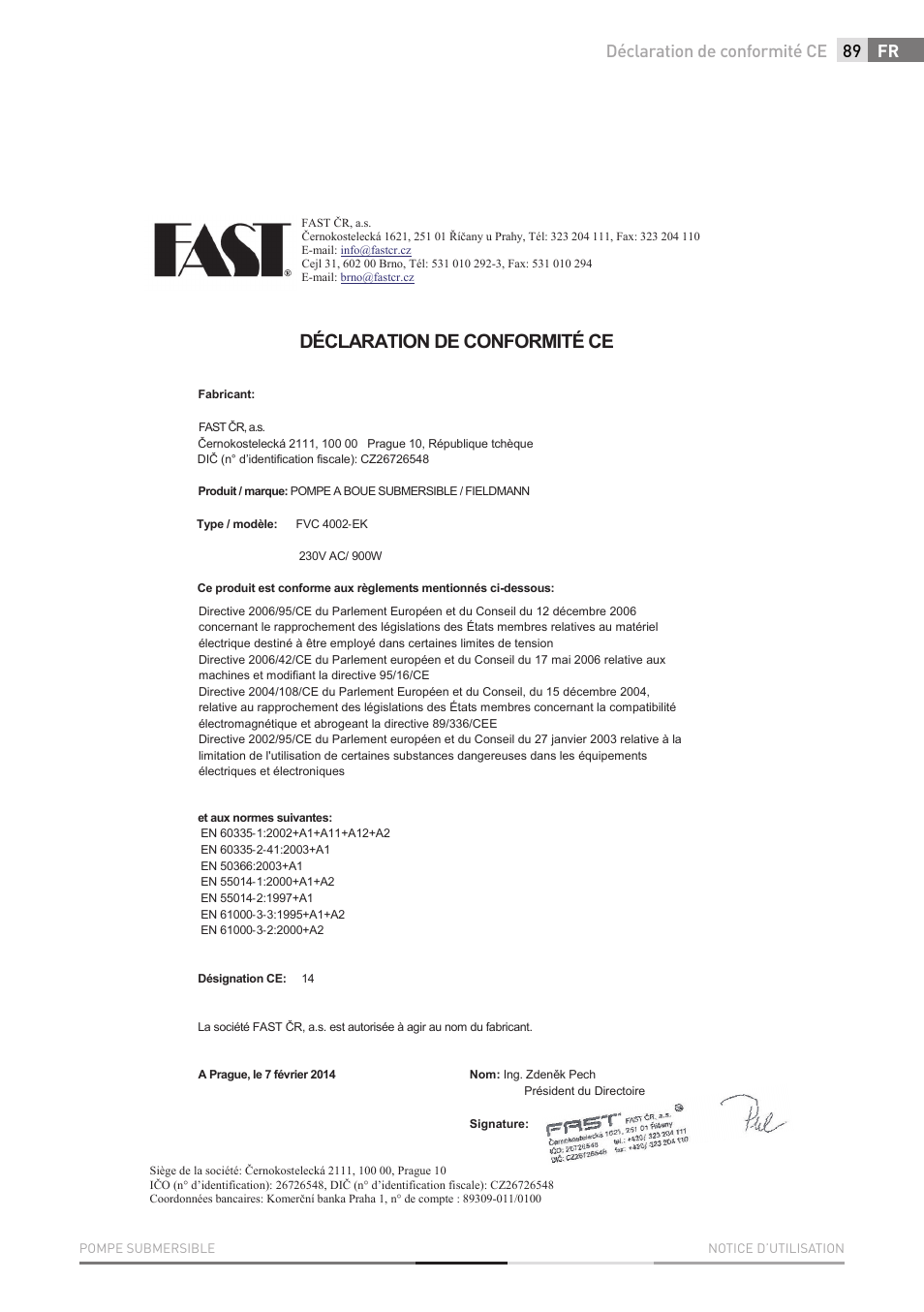89 fr, Déclaration de conformité ce | Fieldmann FVC 4001 EK User Manual | Page 89 / 126
