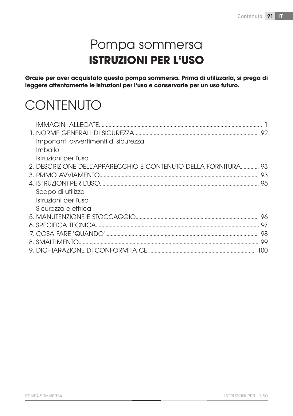 Pompa sommersa, Contenuto, Istruzioni per l‘uso | Fieldmann FVC 4001 EK User Manual | Page 91 / 126
