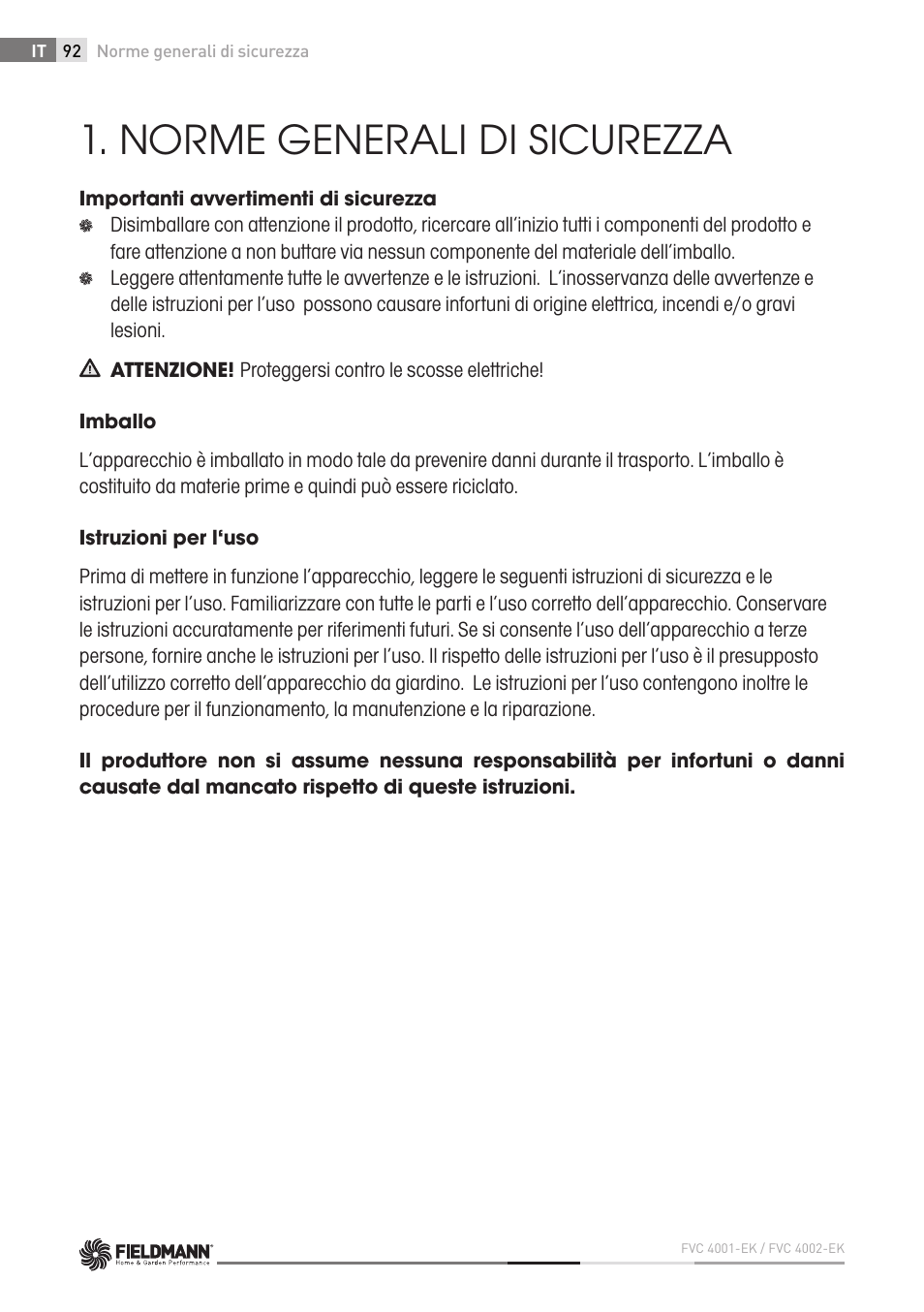 Norme generali di sicurezza | Fieldmann FVC 4001 EK User Manual | Page 92 / 126