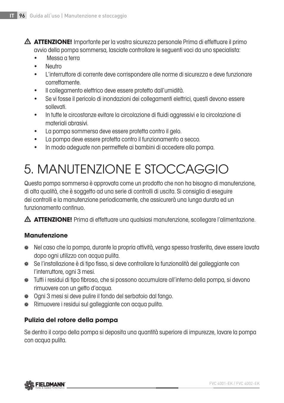 Manutenzione e stoccaggio | Fieldmann FVC 4001 EK User Manual | Page 96 / 126