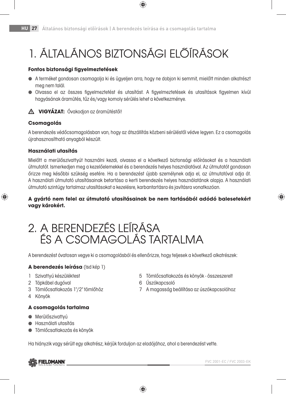Általános biztonsági előírások, A berendezés leírása és a csomagolás tartalma | Fieldmann FVC 2001-EC User Manual | Page 28 / 60