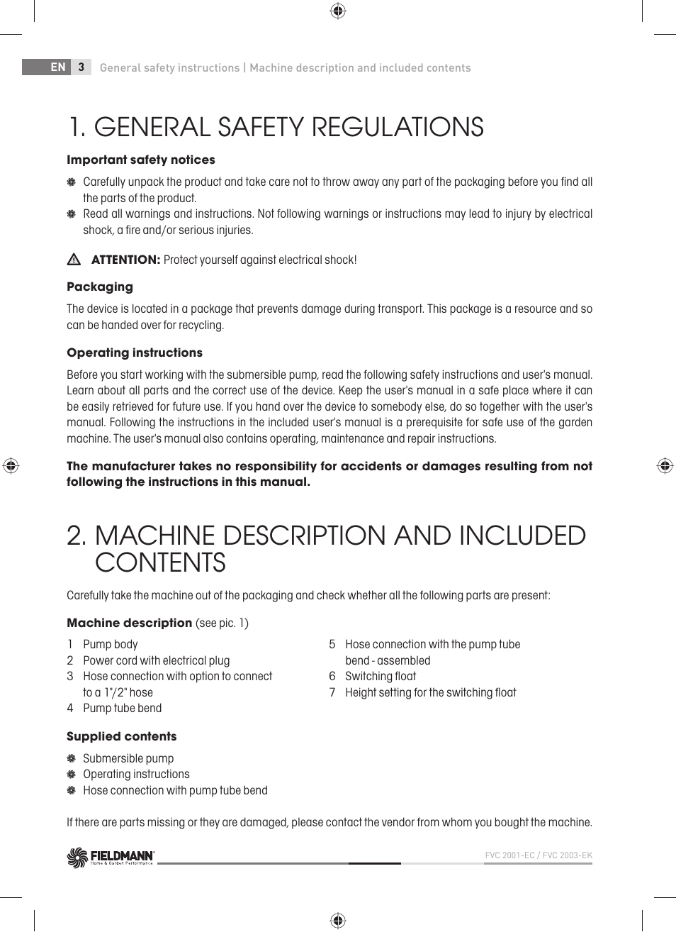 General safety regulations, Machine description and included contents | Fieldmann FVC 2001-EC User Manual | Page 4 / 60