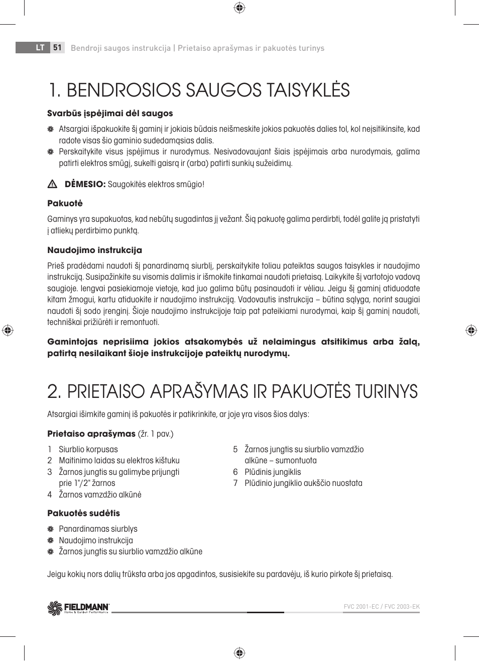 Bendrosios saugos taisyklės, Prietaiso aprašymas ir pakuotės turinys | Fieldmann FVC 2001-EC User Manual | Page 52 / 60