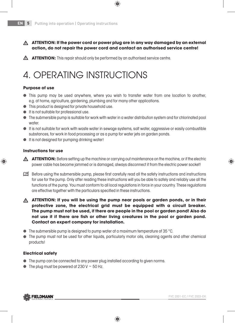 Operating instructions | Fieldmann FVC 2001-EC User Manual | Page 6 / 60