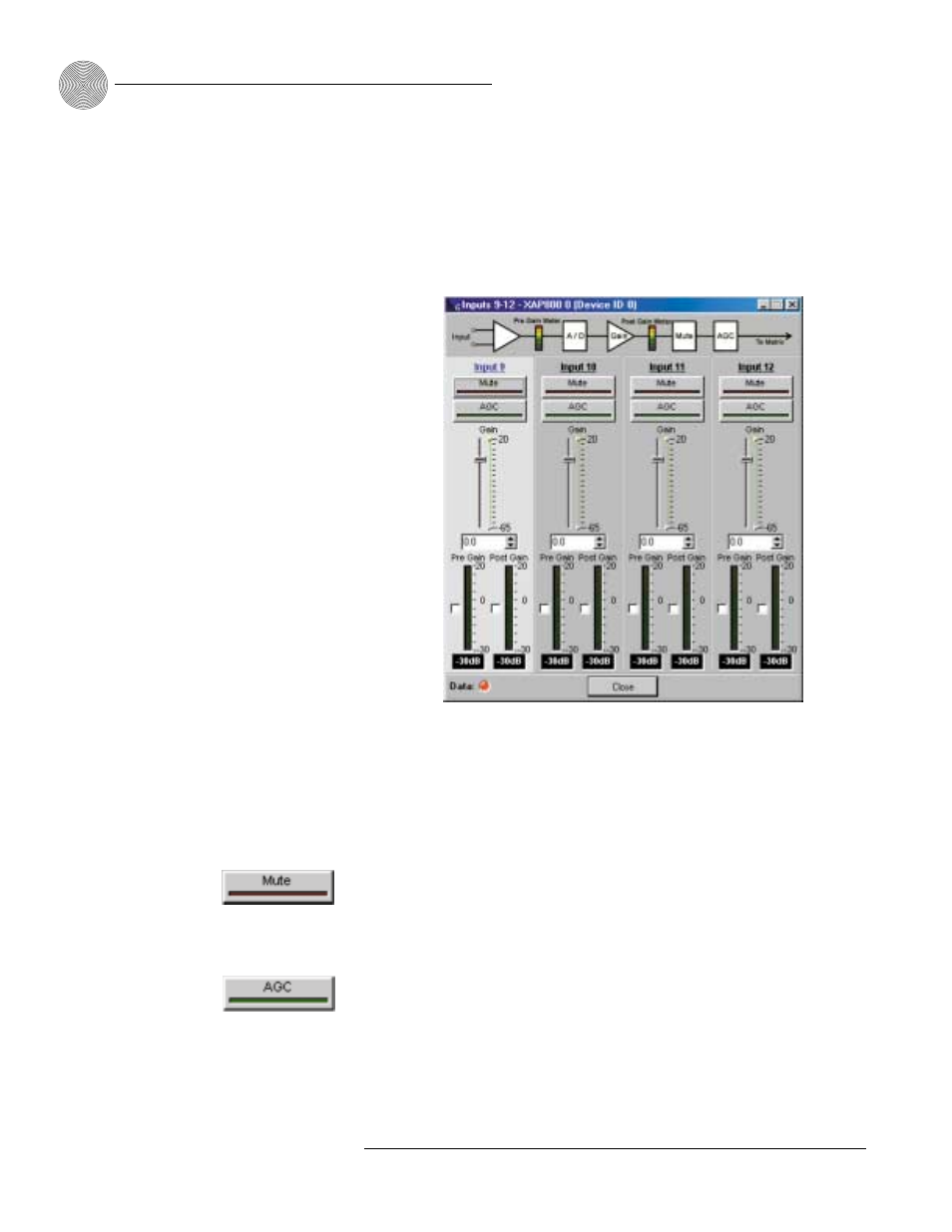 Inputs 9–12, System configuration ~ inputs and outputs, Mute | ClearOne comm XAPTM 800 User Manual | Page 50 / 149