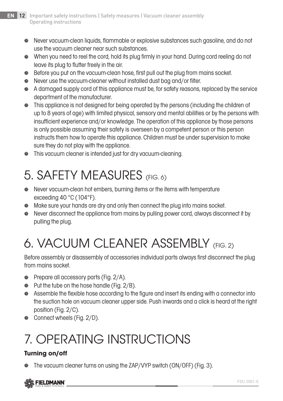 Safety measures, Vacuum cleaner assembly, Operating instructions | Fieldmann FDU 2001-E User Manual | Page 12 / 62