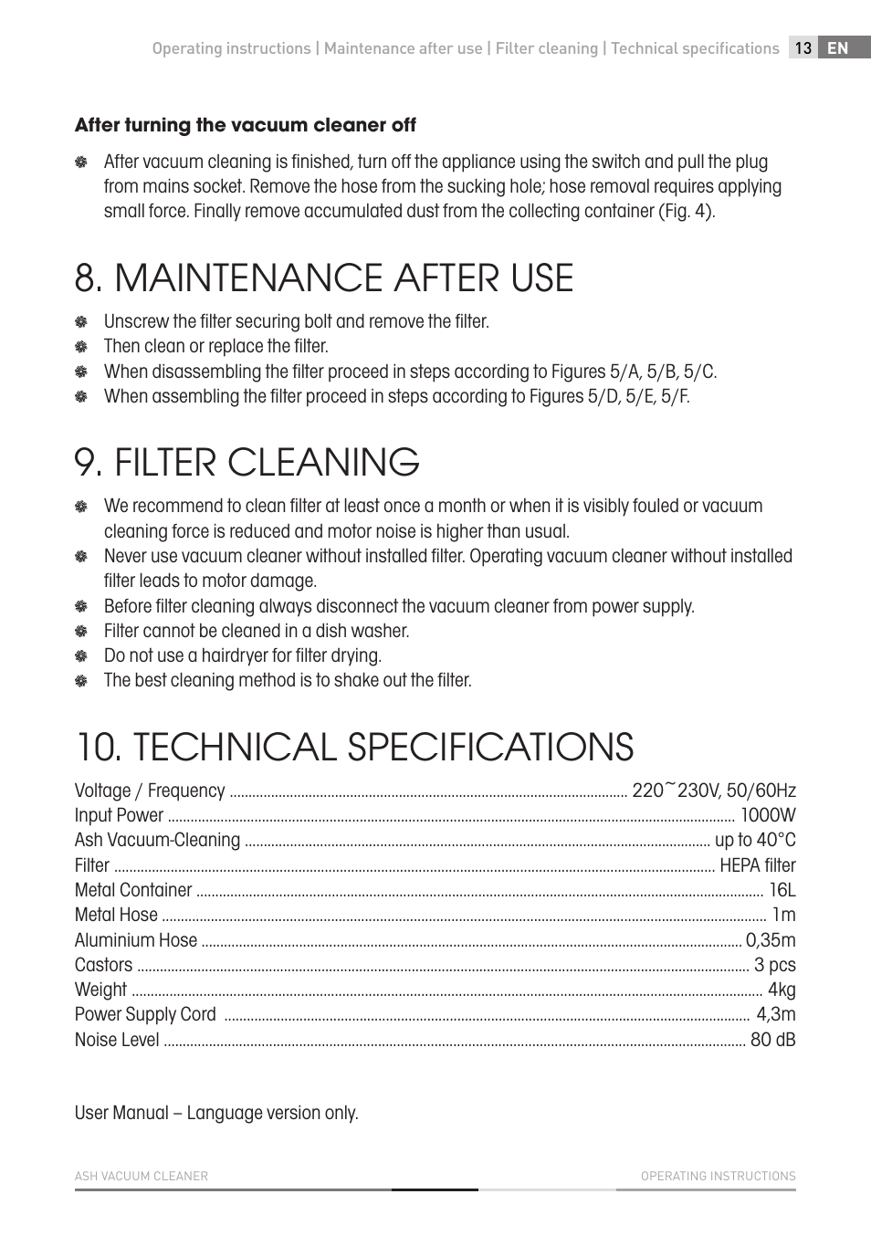 Maintenance after use, Filter cleaning, Technical specifications | Fieldmann FDU 2001-E User Manual | Page 13 / 62