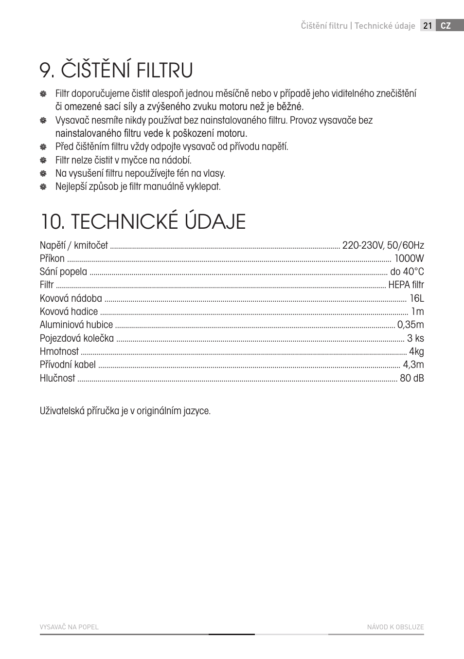 Čištění filtru, Technické údaje | Fieldmann FDU 2001-E User Manual | Page 21 / 62