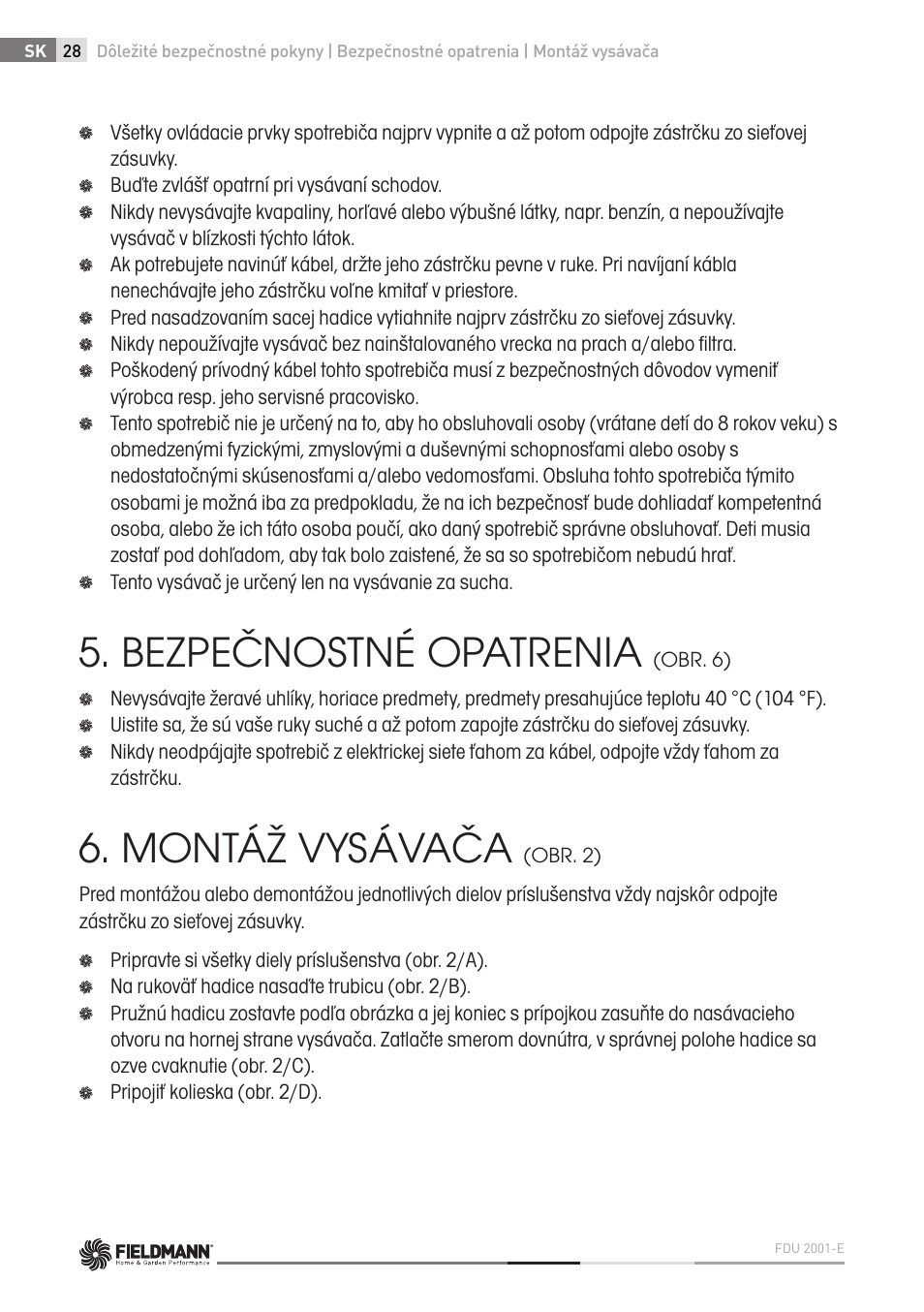 Bezpečnostné opatrenia, Montáž vysávača | Fieldmann FDU 2001-E User Manual | Page 28 / 62