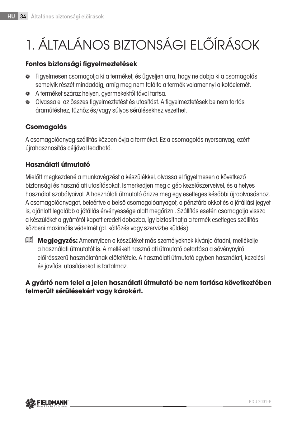 Általános biztonsági előírások | Fieldmann FDU 2001-E User Manual | Page 34 / 62