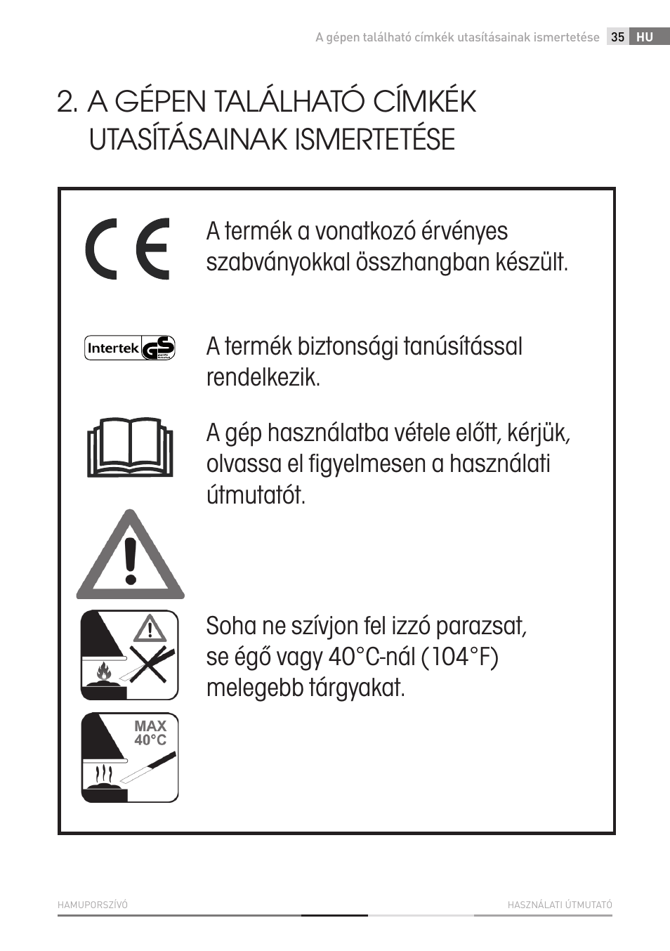 A gépen található címkék utasításainak ismertetése | Fieldmann FDU 2001-E User Manual | Page 35 / 62