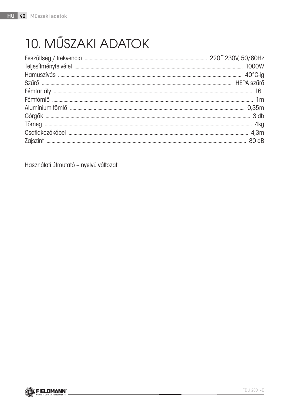 Műszaki adatok | Fieldmann FDU 2001-E User Manual | Page 40 / 62