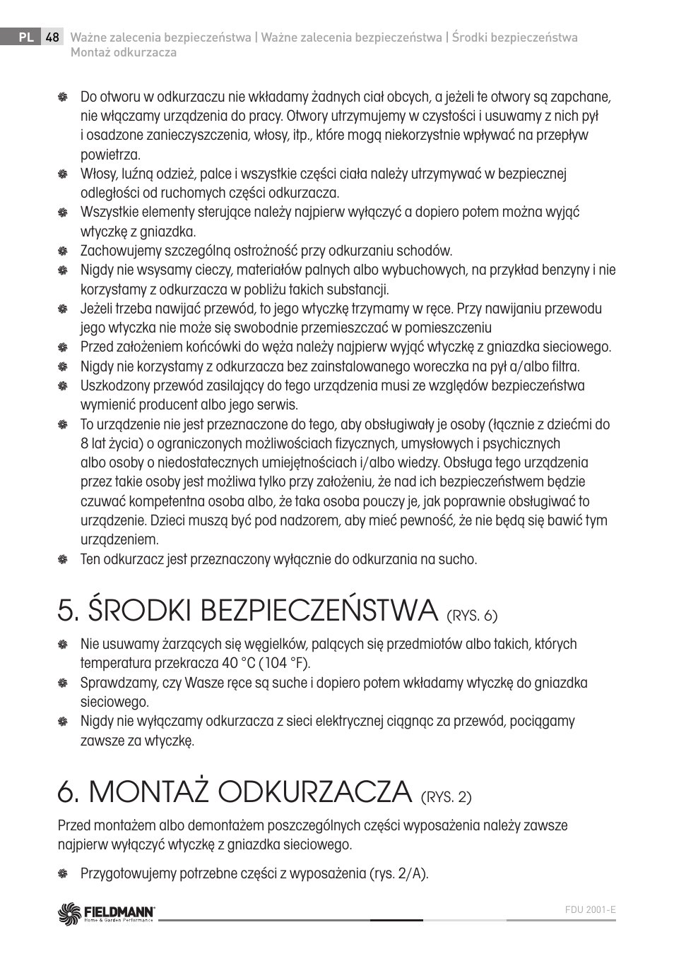 Środki bezpieczeństwa, Montaż odkurzacza | Fieldmann FDU 2001-E User Manual | Page 48 / 62