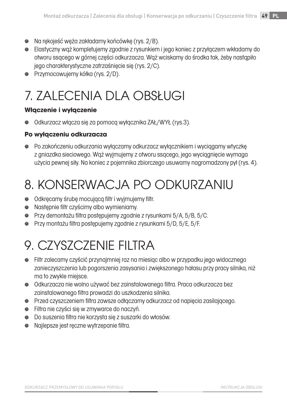 Zalecenia dla obsługi, Konserwacja po odkurzaniu, Czyszczenie filtra | Fieldmann FDU 2001-E User Manual | Page 49 / 62