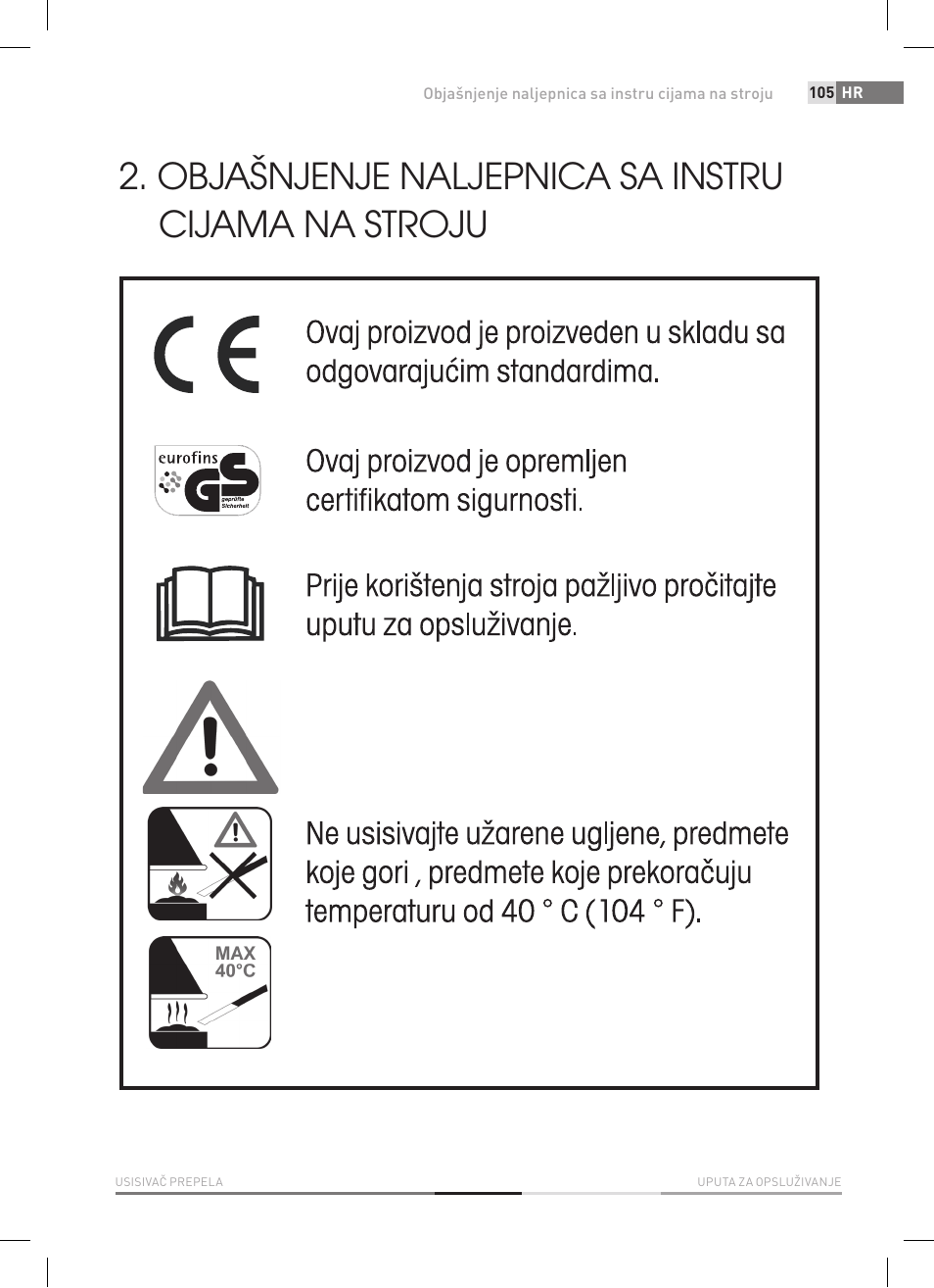 Objašnjenje naljepnica sa instru cijama na stroju | Fieldmann FDU 2002-E User Manual | Page 105 / 148