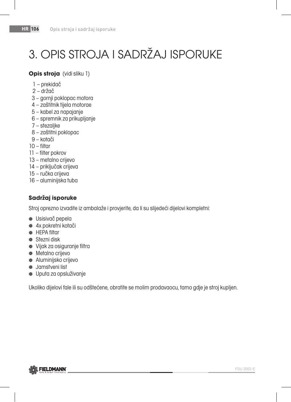 Opis stroja i sadržaj isporuke | Fieldmann FDU 2002-E User Manual | Page 106 / 148